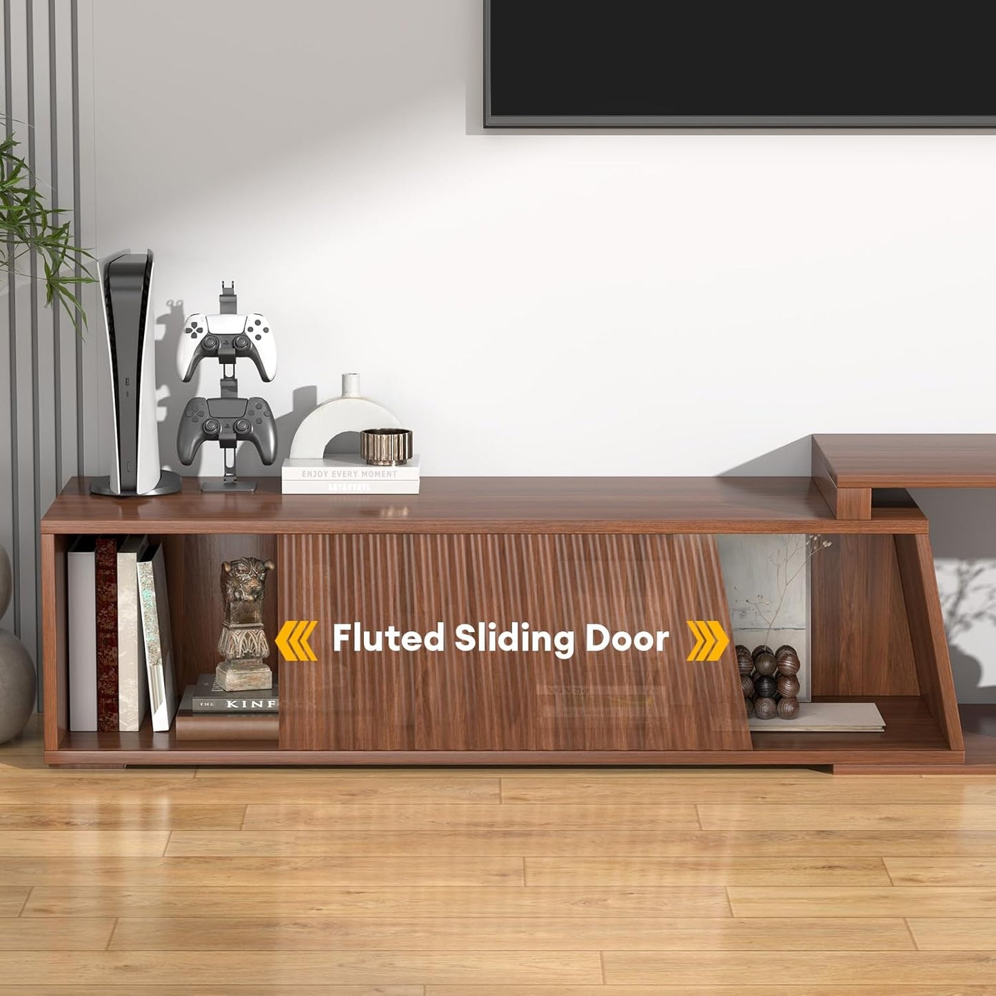 Extendable TV Stand with Sliding Doors Minimalist Rectangle, Wood Entertainment Center Walnut TV Console Table up to 110" W/Shelves Cabinet for Living Room, Bedroom (70.9”W-109”W)