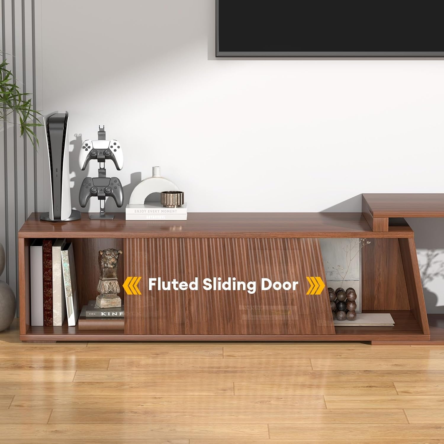 Extendable TV Stand with Sliding Doors Minimalist Rectangle, Wood Entertainment Center Walnut TV Console Table up to 110" W/Shelves Cabinet for Living Room, Bedroom (70.9”W-109”W)