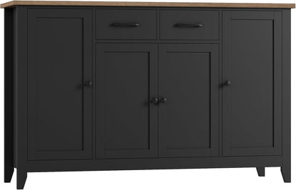 55" Buffet Cabinet with Storage, Kitchen Buffet Sideboard with Drawers, Large Storage Cabinet with Doors and Shelves, Modern Farmhouse Coffee Bar for Kitchen, Dining Room, Living Room, Black
