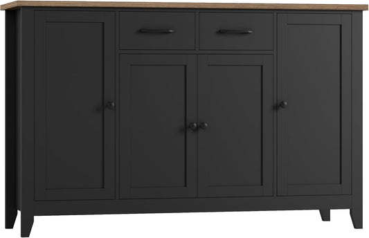 55" Buffet Cabinet with Storage, Kitchen Buffet Sideboard with Drawers, Large Storage Cabinet with Doors and Shelves, Modern Farmhouse Coffee Bar for Kitchen, Dining Room, Living Room, Black