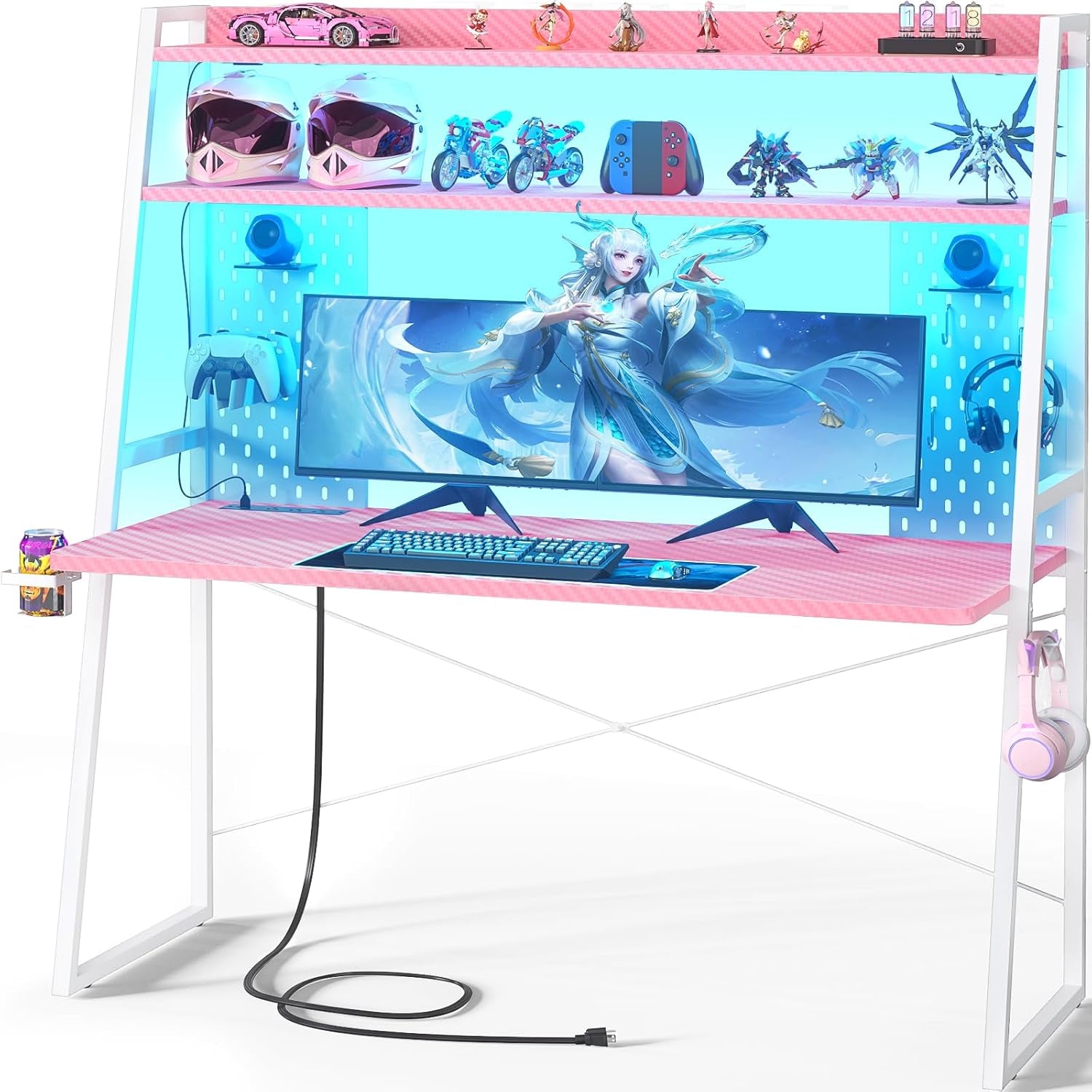 Gaming Desk with Hutch and LED Lights, Gaming Computer Desk with Power Outlets, Gamer Desk with Storage Shelves, PC Game Desk with Pegboards for Bedroom, Carbon Fiber Pink, 49"