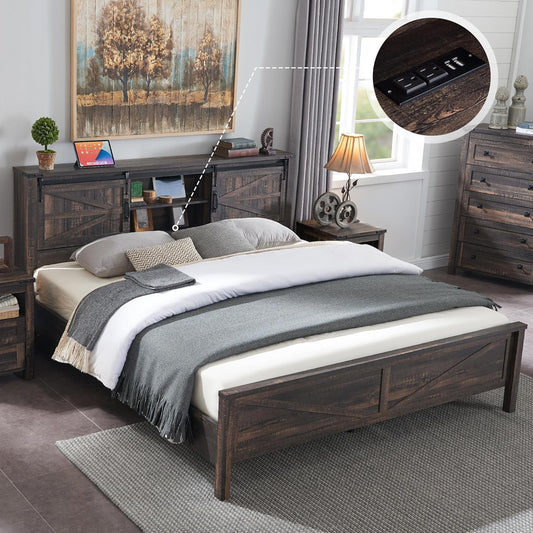 Farmhouse Queen Size Bed Frame W/Storage Bookcase Headboard, Sliding Barn Door, Charging Station, Rustic Wood Platform Bed W/Wood Slats Support, No Box Spring Needed, Dark Rustic Oak