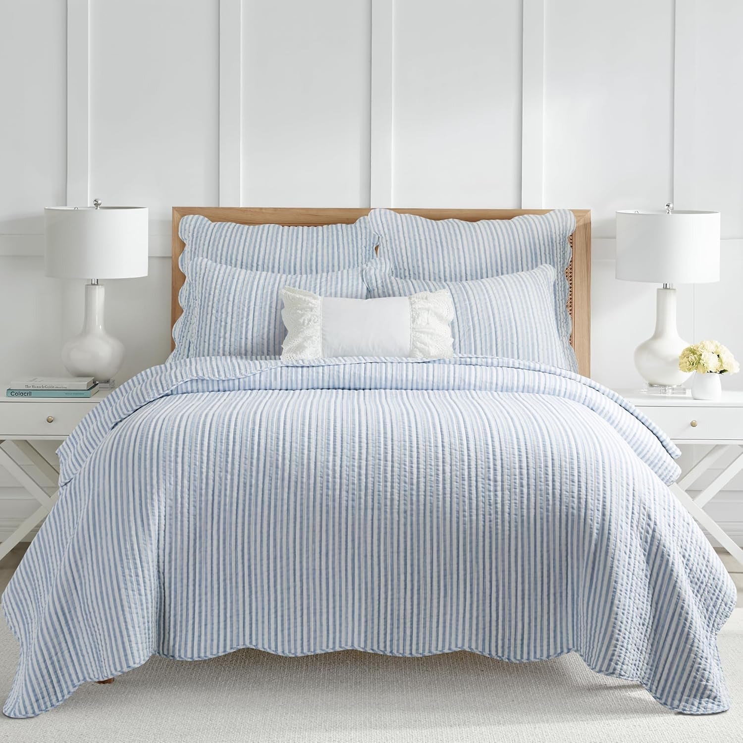 - Martha Stripe - Euro Sham Set of 2 - Stripe - Blue and White - (26X26In.), No Insert - Cotton