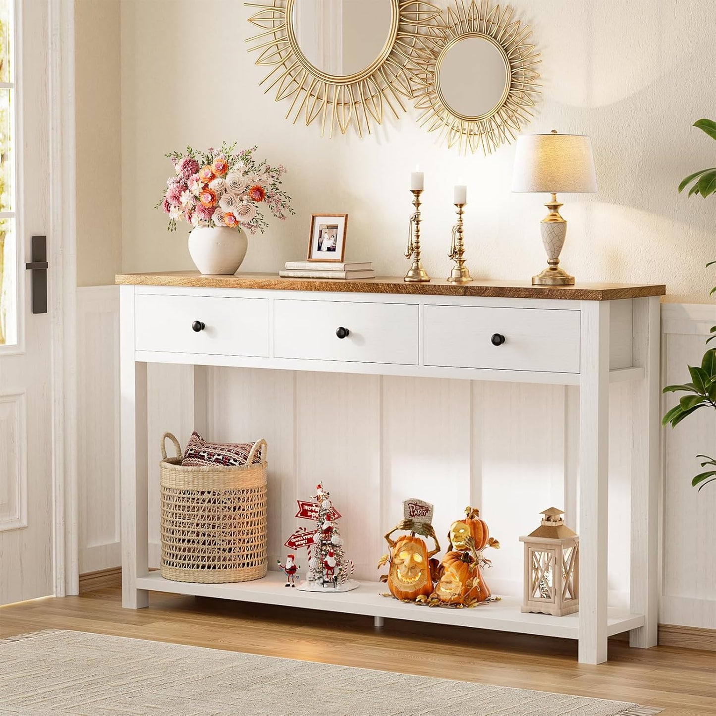 Farmhouse Console Table with 3 Drawers, 47 Inch Wood Sofa Table with Storage Shelf for Living Room, behind Couch, Entryway Table for Hallway, Living Room, or Foyer, Rustic Brown and White