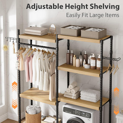 28" Over-The-Toilet/Washer Shelf – 5-Tier Laundry Organizer with Double-Layer Wood Shelves (100LB Capacity), Adjustable Height Storage for Small Spaces (White)