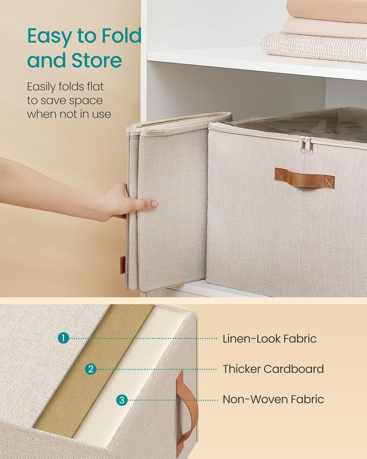 Shoe Organizer for Closet, Shoe Storage Bin, Fits 16 Pairs, Fabric Container with Handles and Clear Cover, Adjustable Dividers, Customizable, Cappuccino Beige ULSP555K01