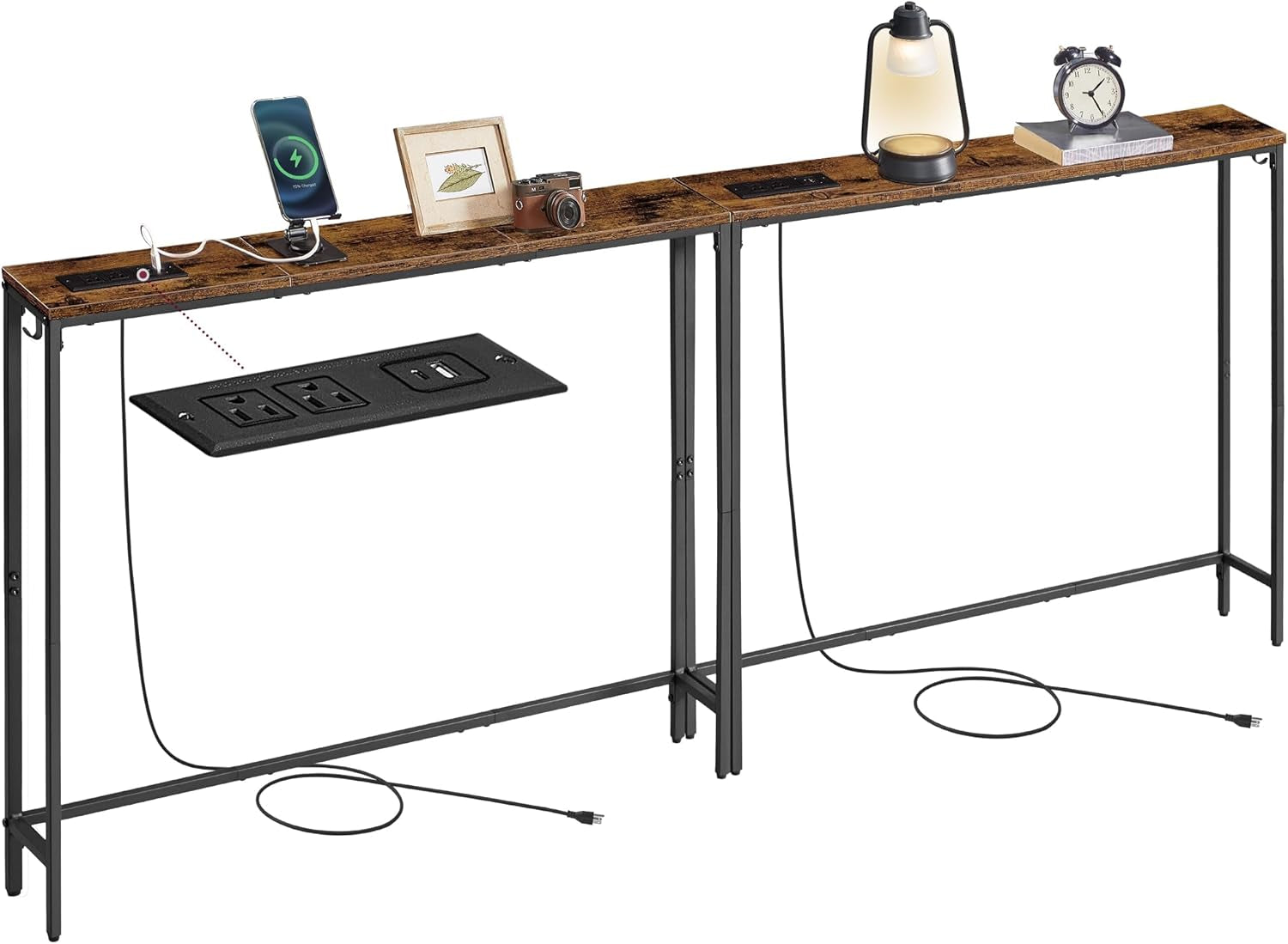 Set of 2 Console Tables with Power Outlets, Slim behind Couch Sofa Tables, 5.9 X 39.4 X 31.5 Inches, 2 Hooks, Easy Assembly, for Entryway, Living Room, Rustic Brown and Ink Black ULNT078K01
