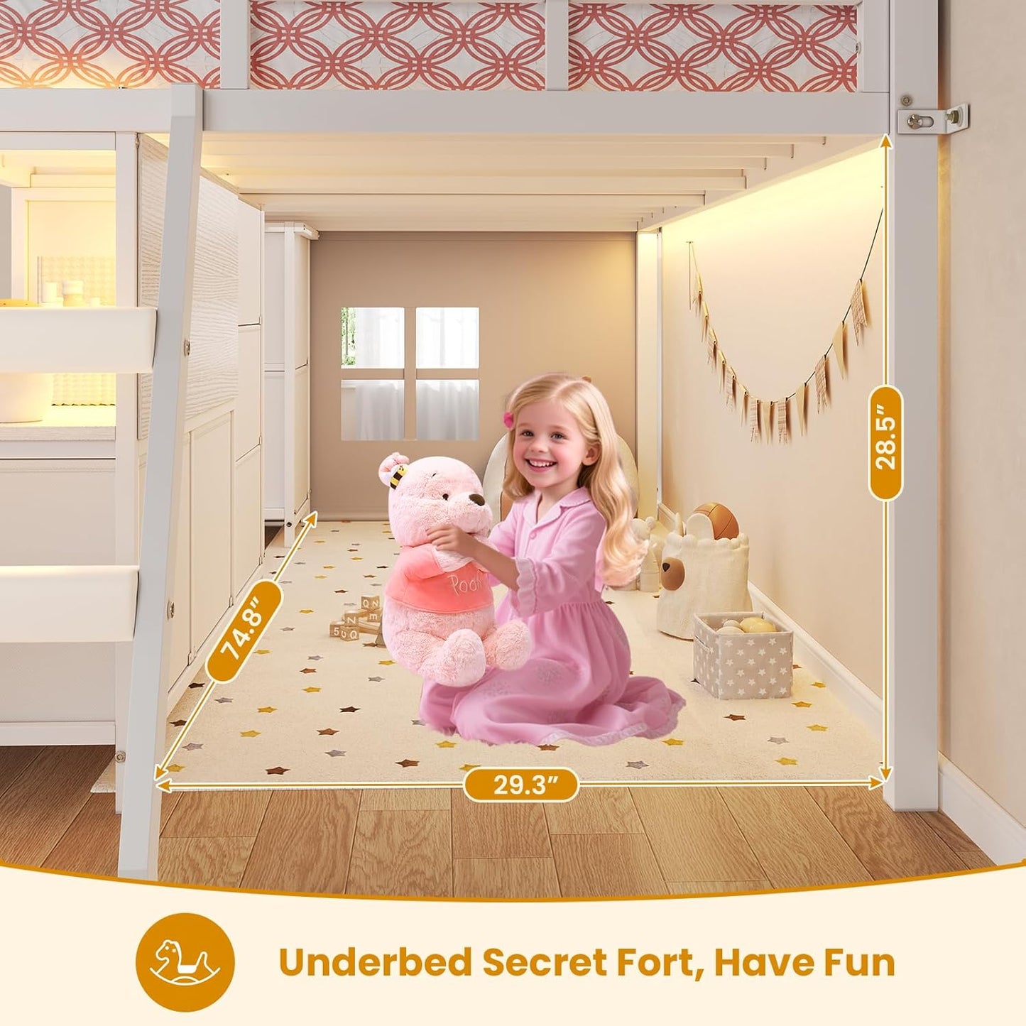 Low Loft Bed Twin Size with 7 Storage Drawers, Bookcase and LED Lights, Metal Kids Loft Bed with 14" H Safety Guardrail,Inclined Ladder and Play Curtain, Under-Bed Play Space, White