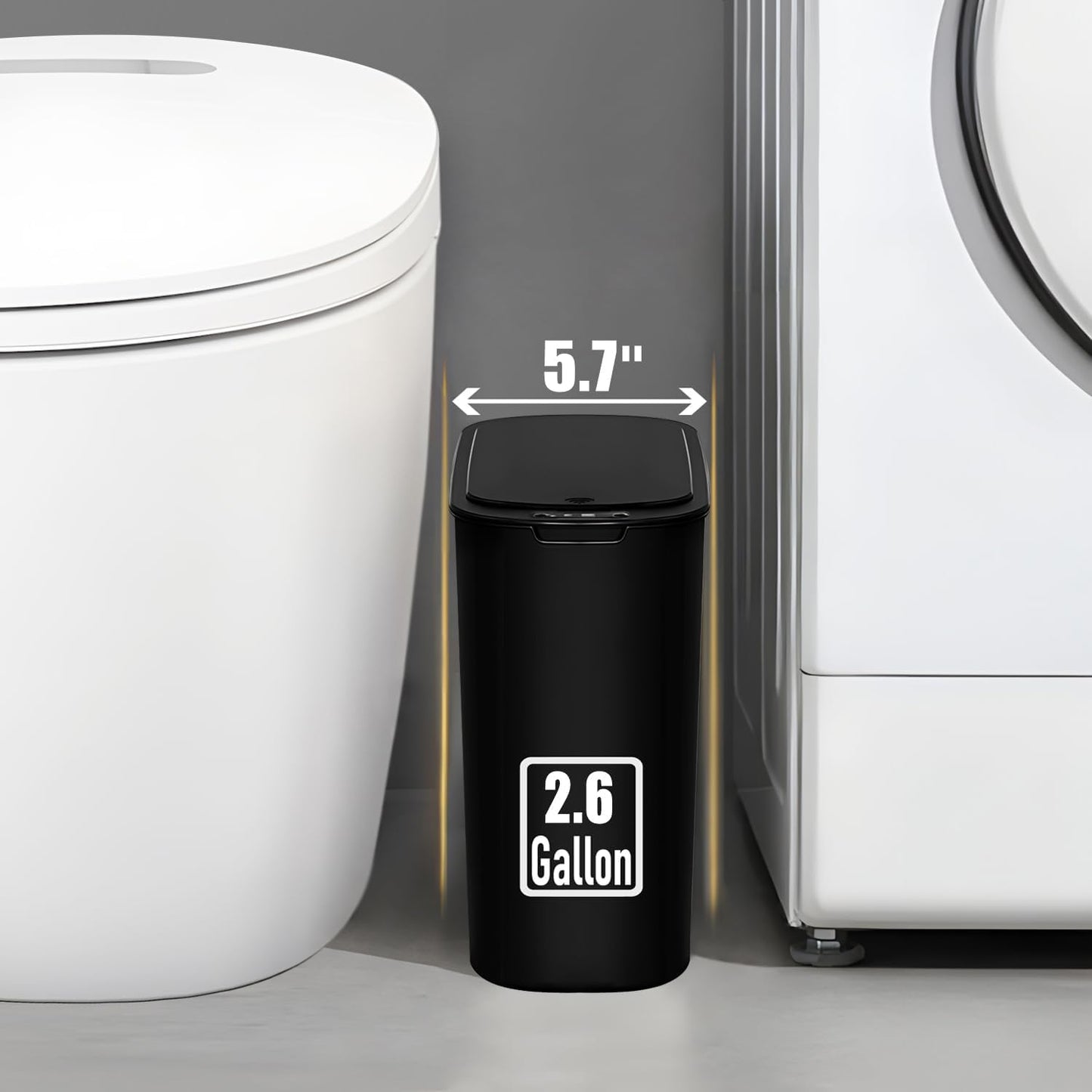 Automatic Motion Sensor Bathroom Trash Can with Lid, 2.6 Gallon Touchless Trash Bin, Smart Garbage Can Plastic Slim Wastebasket for Bedroom, Office, Dorm (Black)