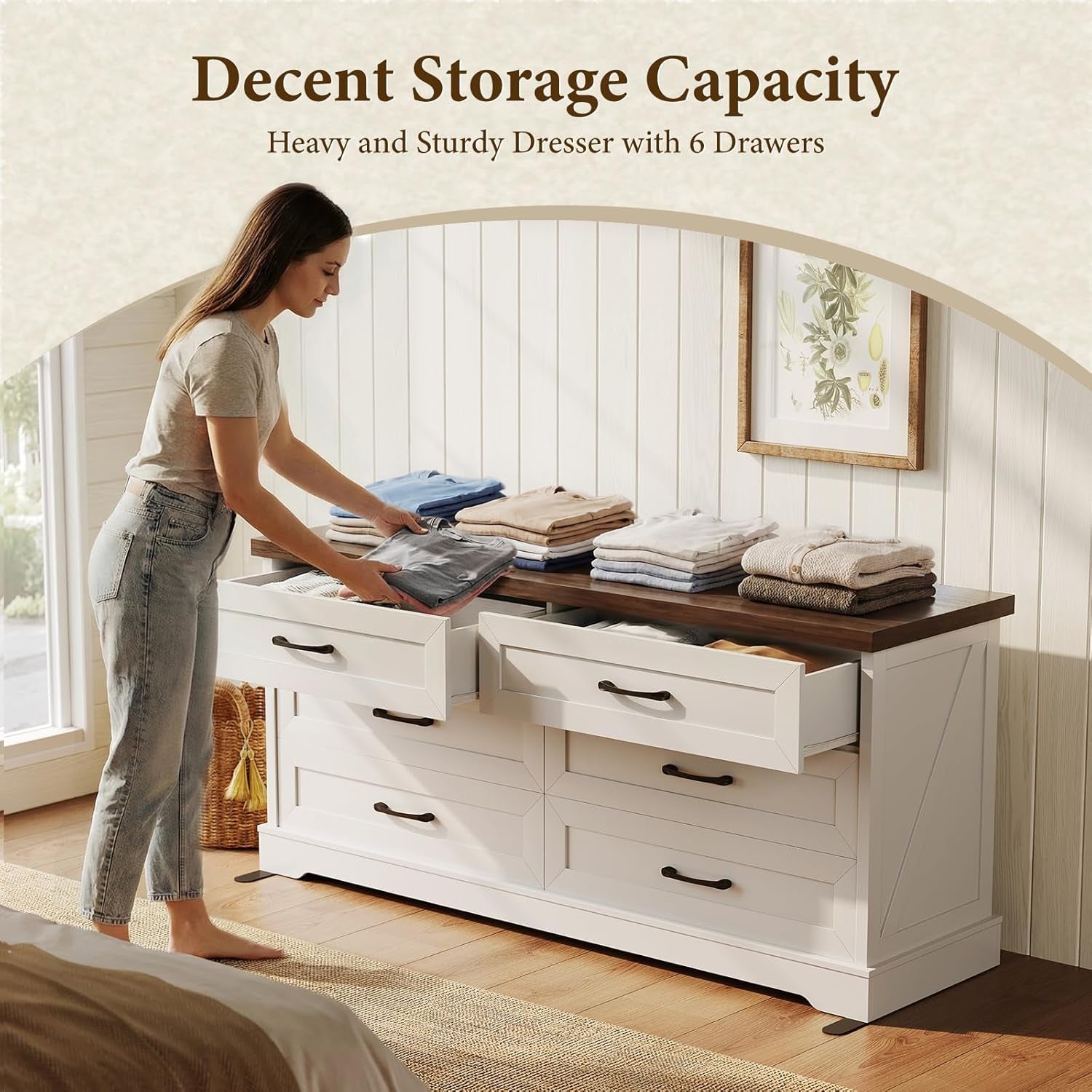 Farmhouse 6-Drawer Dresser for Bedroom, Heavy-Duty Storage Chest with Extra Thick Boards & Metal Handles, Sturdy Chest of Drawers, Anti-Tipping Safety Certified, White & Walnut