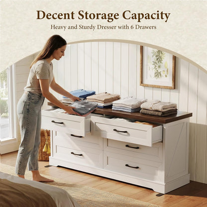 Farmhouse 6-Drawer Dresser for Bedroom, Heavy-Duty Storage Chest with Extra Thick Boards & Metal Handles, Sturdy Chest of Drawers, Anti-Tipping Safety Certified, White & Walnut