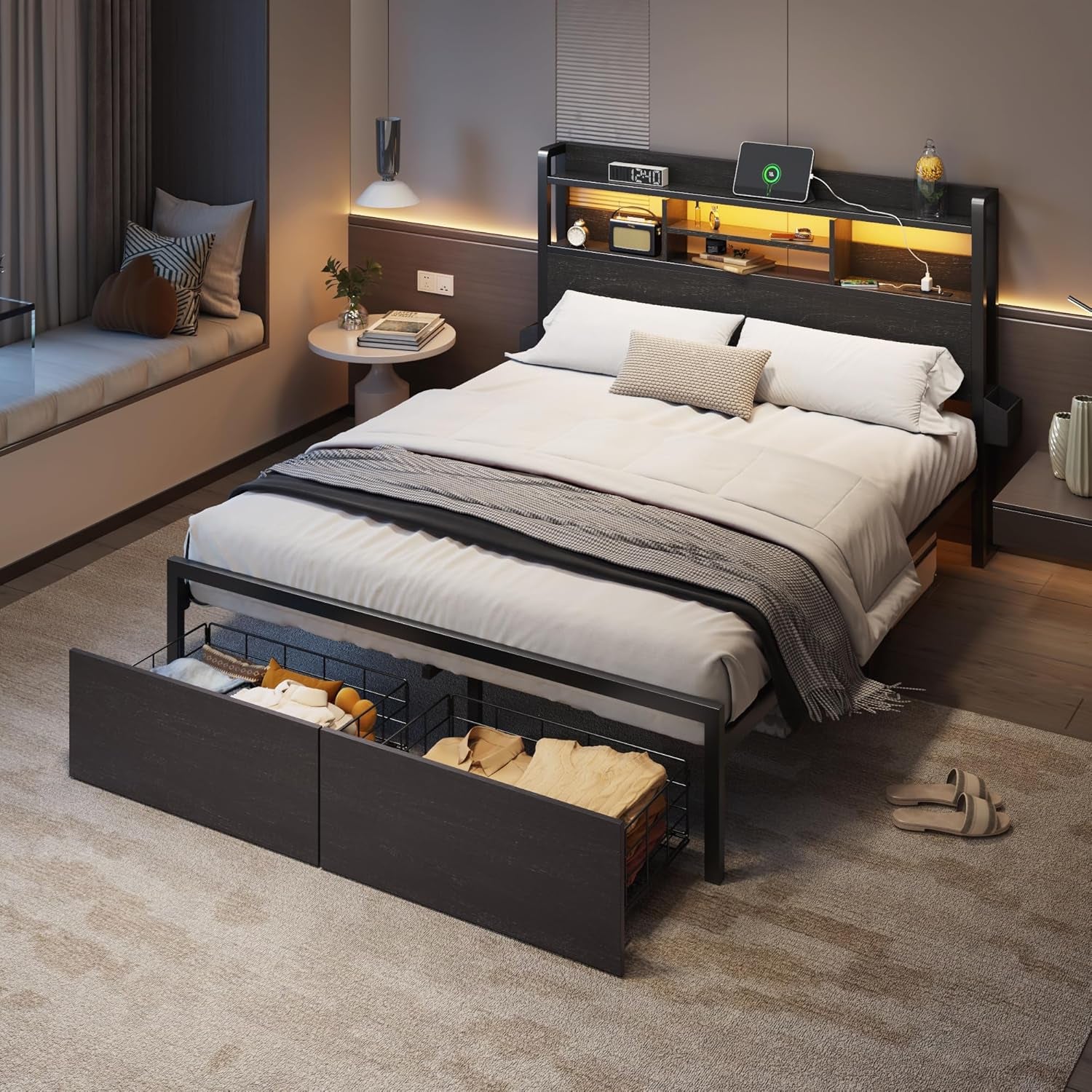 Full Size Bed Frame with Wood Headboard, Metal Platform Bed Frame Full Size with 2 Storage Drawers and Shelf, LED Lights and Charging Station, No Box Spring Needed, Noise Free, Black