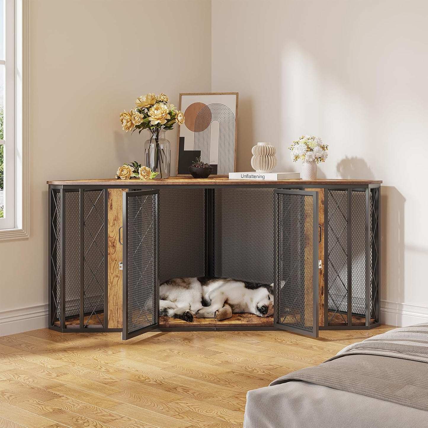 𝙎𝙖𝙪𝙙𝙞𝙨𝙢 67" XL Corner Dog Crate Furniture, Large Wooden Dog Kennel Furniture with 2 Doors, Decorative Dog Crate, Dog Kennel TV Stand End Table for Small to Large Dogs