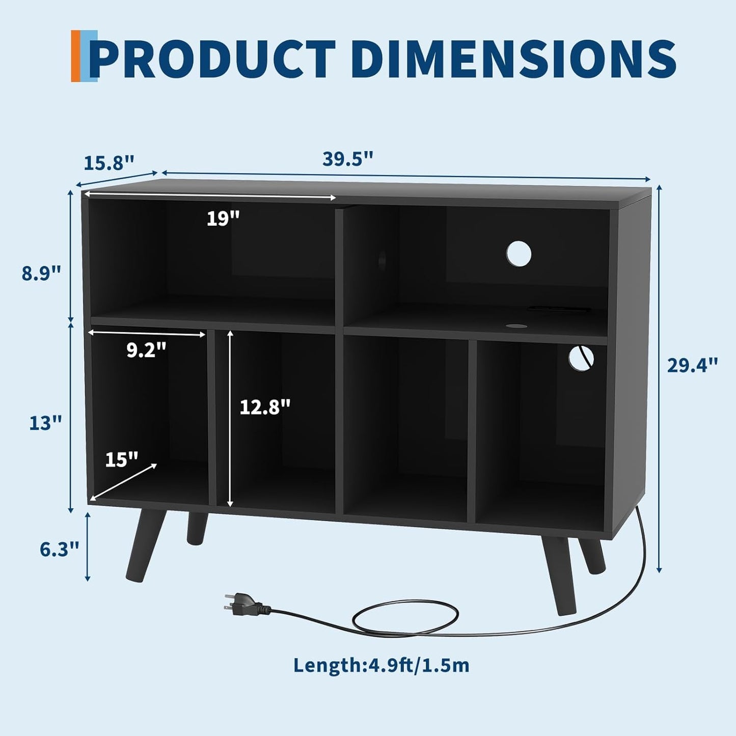 Record Player Stand with Vinyl Storage, 39.5In Large Vinyl Record Holder Player Cabinet Wood Turntable Stand up to 350 Albums with Charging Station for Living Room, Black
