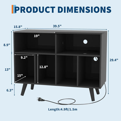 Record Player Stand with Vinyl Storage, 39.5In Large Vinyl Record Holder Player Cabinet Wood Turntable Stand up to 350 Albums with Charging Station for Living Room, Black
