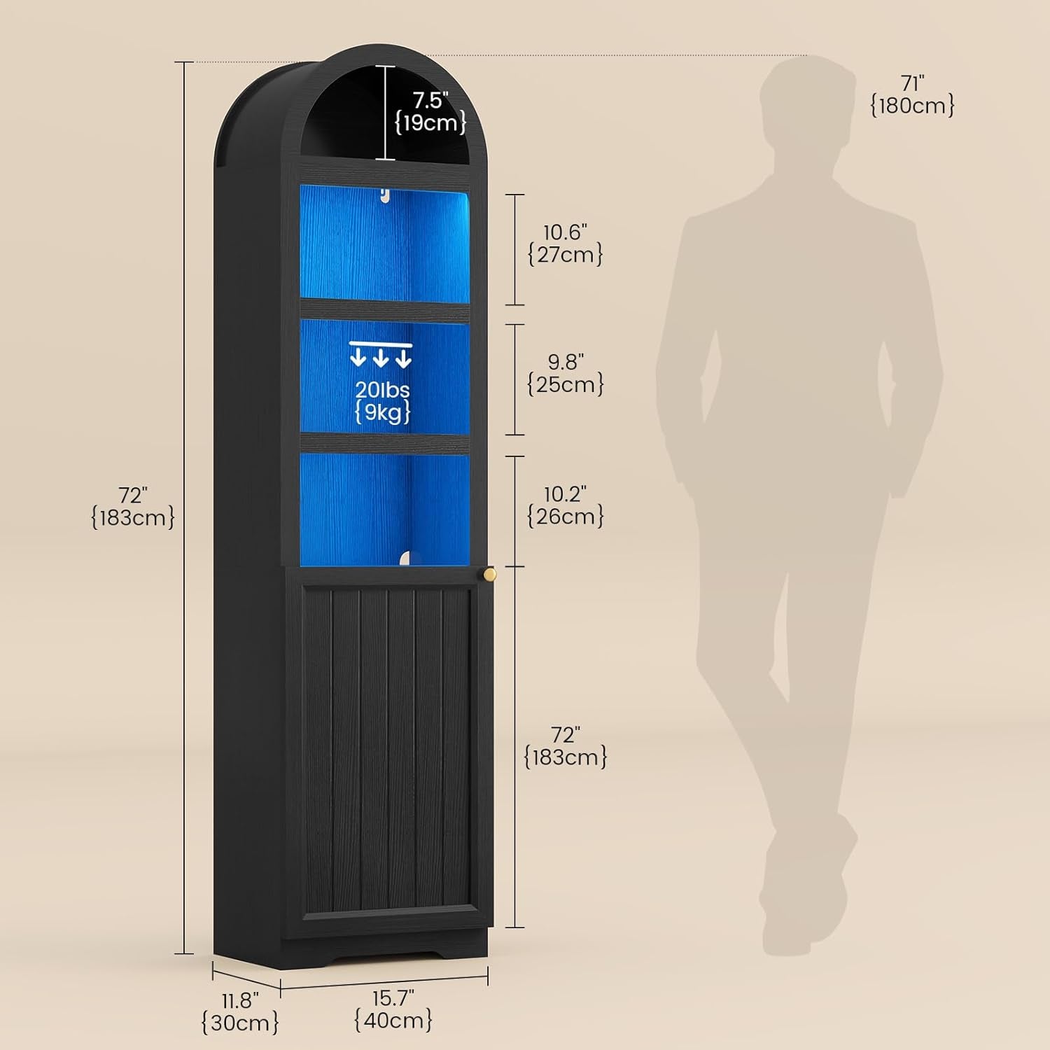 72" Tall Arched Narrow Bathroom Storage Cabinet with Lights, Slim Storage Cabinet with Adjustable Shelves for Small Spaces, Farmhouse Style (Black)