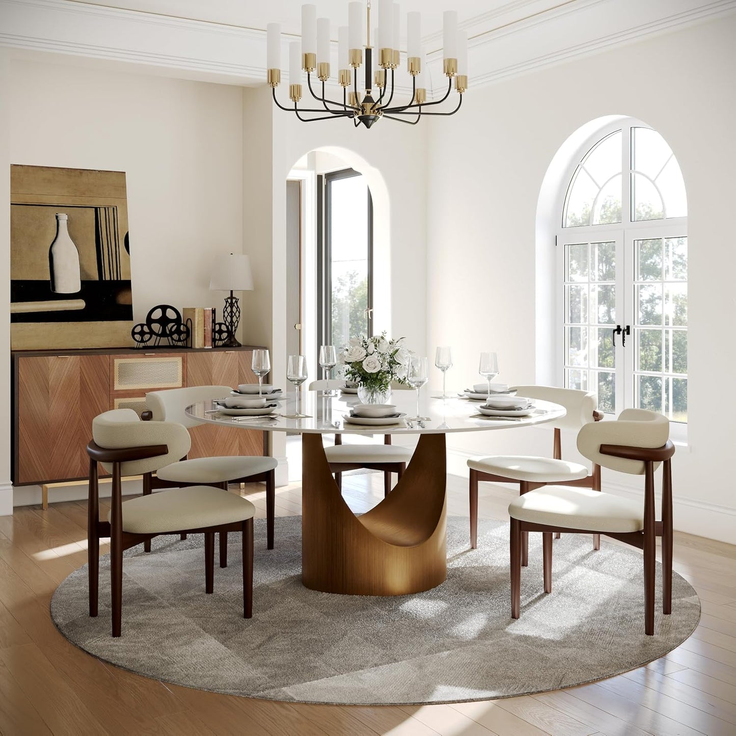 59" round Dining Table for 6, Glossy White Sintered Stone Dining Tabletop with Bronze Carbon Steel Pedestal, Modern Dining Room Table for Living Room, Kitchen (Table ONLY)