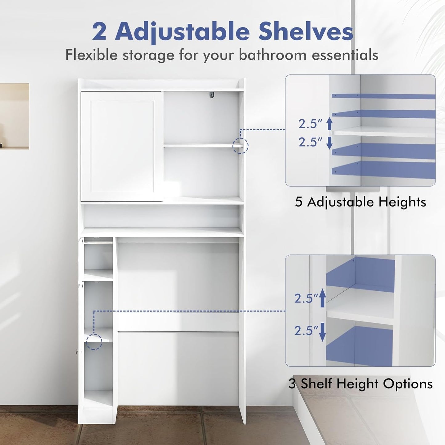 over the Toilet Cabinet, Freestanding Bathroom Space Saver with Sliding Door, Adjustable Shelves, Toilet Paper Holder, Modern Bathroom Cabinet above Toilet for Restroom, Laundry Room (White)