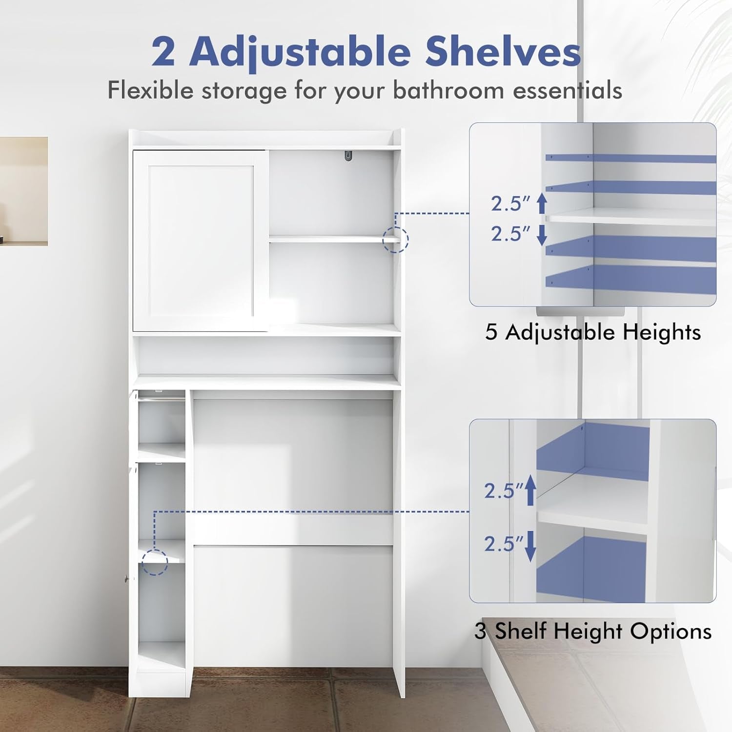 over the Toilet Cabinet, Freestanding Bathroom Space Saver with Sliding Door, Adjustable Shelves, Toilet Paper Holder, Modern Bathroom Cabinet above Toilet for Restroom, Laundry Room (White)