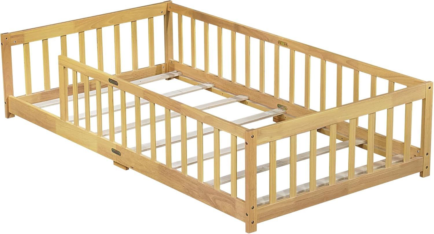 Twin Size Montessori Toddler Floor Bed with Wood Slats for Girls and Boys, Wood Montessori Bed Frame with Safety Guardrails, No Box Spring Needed, Natural