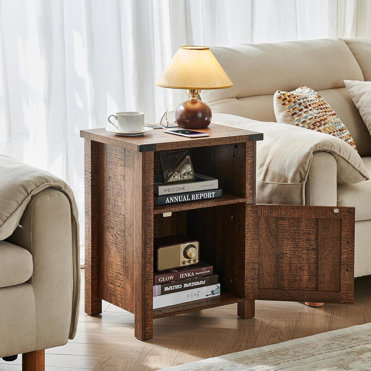 Night Stand with Charging Station and USB Port, 18 Inch Farmhouse Nightstand with Storage Shelf, Rustic Wood Bedside Table with Magnetic Door, Bed Side Tables for Bedroom, Reclaimed Barnwood