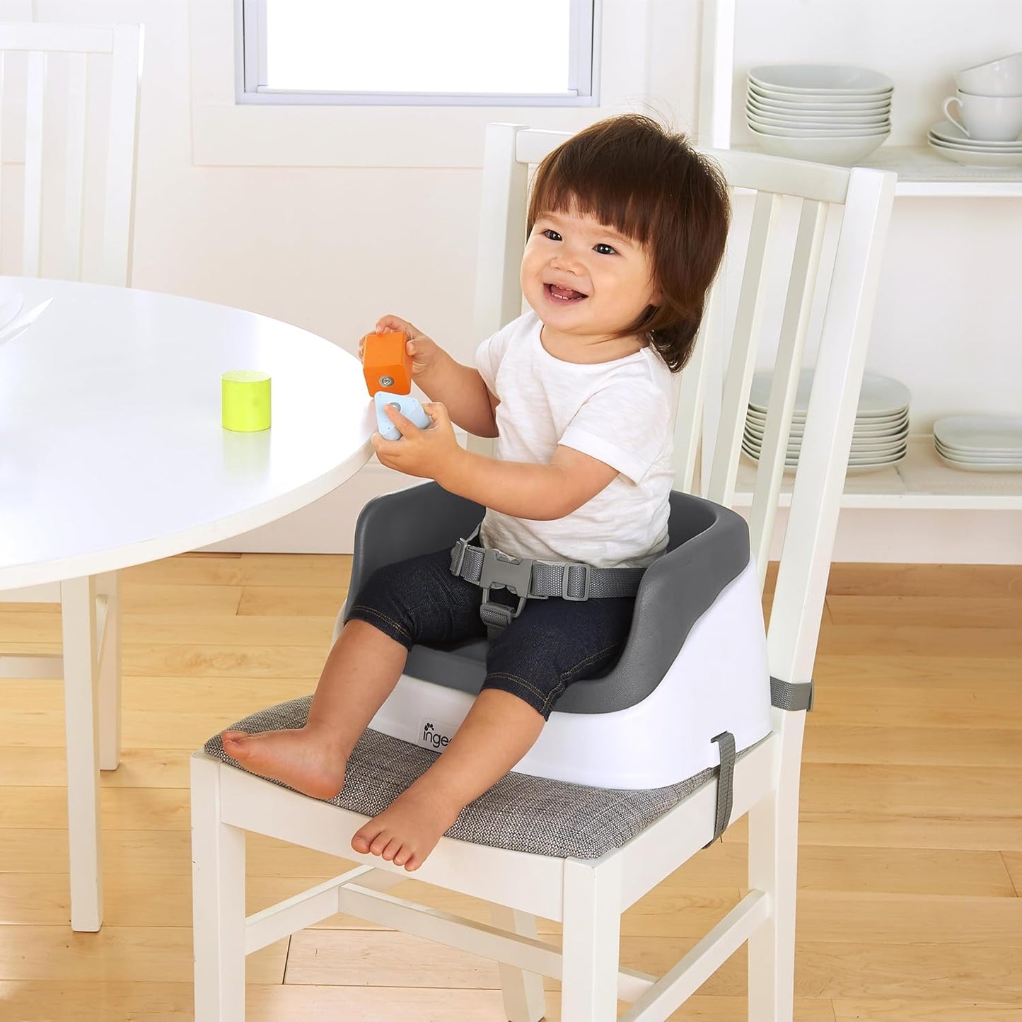 Smartclean Toddler Booster Seat for Kitchen Chair – Lightweight for On-The-Go, Easy-Clean, 3-Point Harness Strap – Booster Seat for Dining Table, Slate