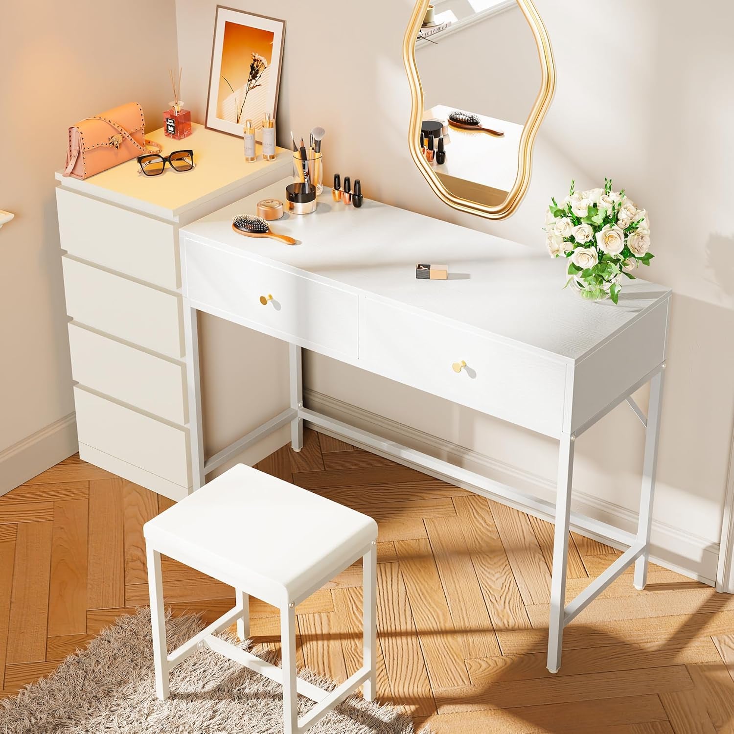 43-Inch White Desk with 2 Drawers and Padded Stool, Modern Makeup Vanity & Computer Desk with Storage for Home Office, Bedroom Study