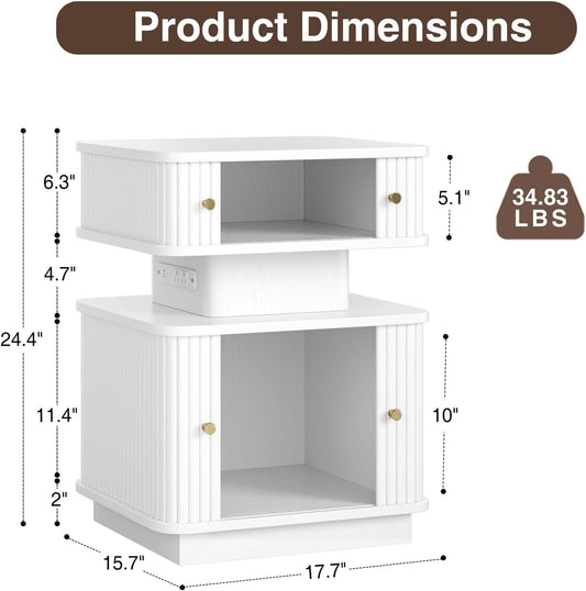 LED Light End Table with Charging Station, White Mid Century Bedside Table with USB Type a C Ports, Small Fluted Accent TV Control Nightstand with 2 Sliding Door for Living Room, Curvy Edge