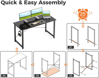 48 Inch Small Computer Desk for Home Office, Study Writing Table for Small Spaces, Simple Modern Desk with Headphone Hooks, Pure Black
