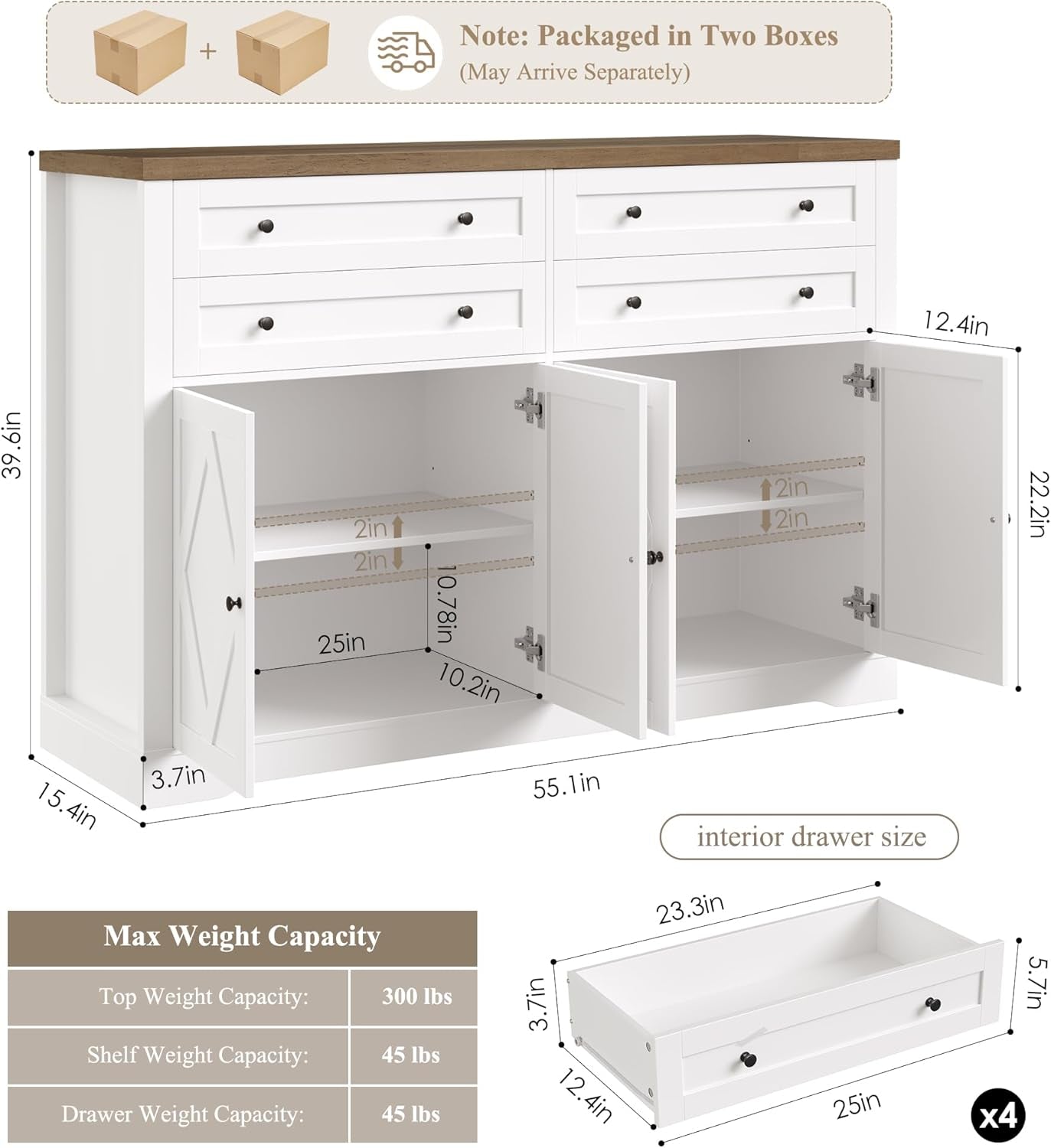 55" Coffee Bar with 4 Large Drawers, 40" Tall Buffet Cabinet with Storage, Kitchen Storage Cabinet, Modern Farmhouse Sideboard Buffet, Adjustable Shelves for Living Room, White