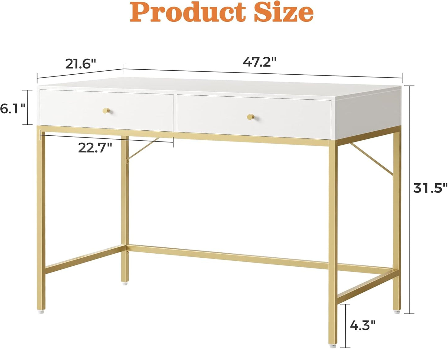 Vanity Desk with Drawers, 47 Inch Computer Desk, Modern Simple Home Office Desks, Makeup Dressing Table for Bedroom - White and Gold