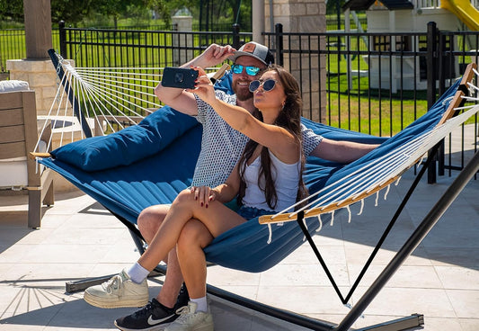 Curved-Bar Hammock with Stand, 2 Person Heavy Duty Hammock Frame, Detachable Pillow & Portable Carrying Bag, Perfect for Outdoor & Indoor, Navy Blue