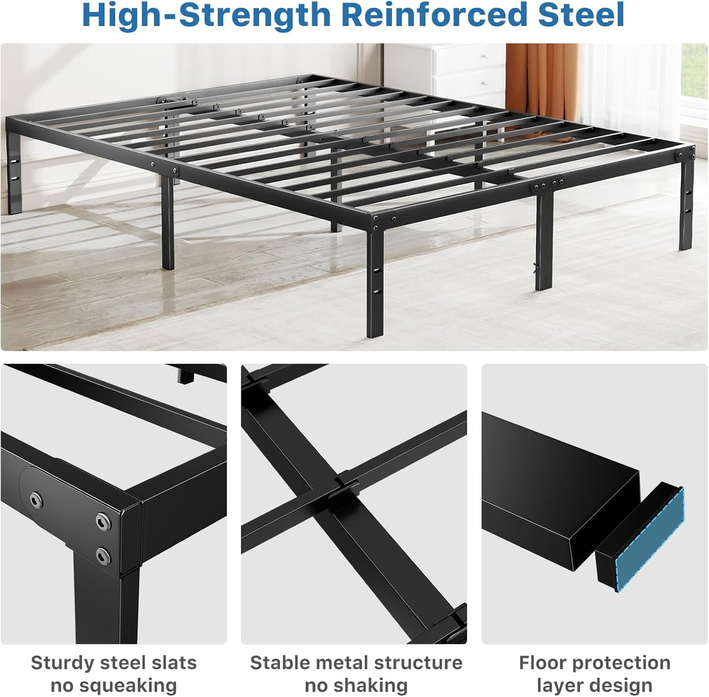Metal King Bed Frame - 14In High with Storage Space, No Box Spring Needed with Sturdy Steel Slat Support, 2200LBS Heavy Duty for Easy Assembly, Black for Bedroom