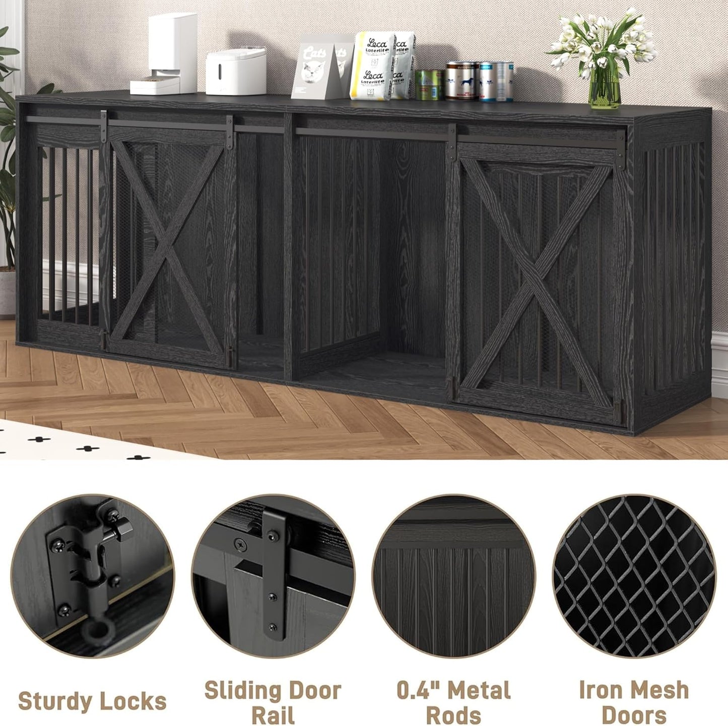 94.5" XXXL Dog Crate Furniture for 2 Large Dogs, Heavy Duty Double Dog Cage Extra Large Breed, 35.4" Tall Thick Wooden Dog Kennel TV Stand with Divider, Black