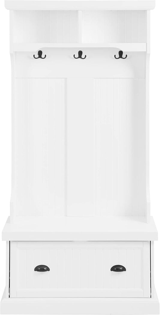 Shoreline Hall Tree with Storage Cabinets and Coat Rack Hooks for Hanging, White