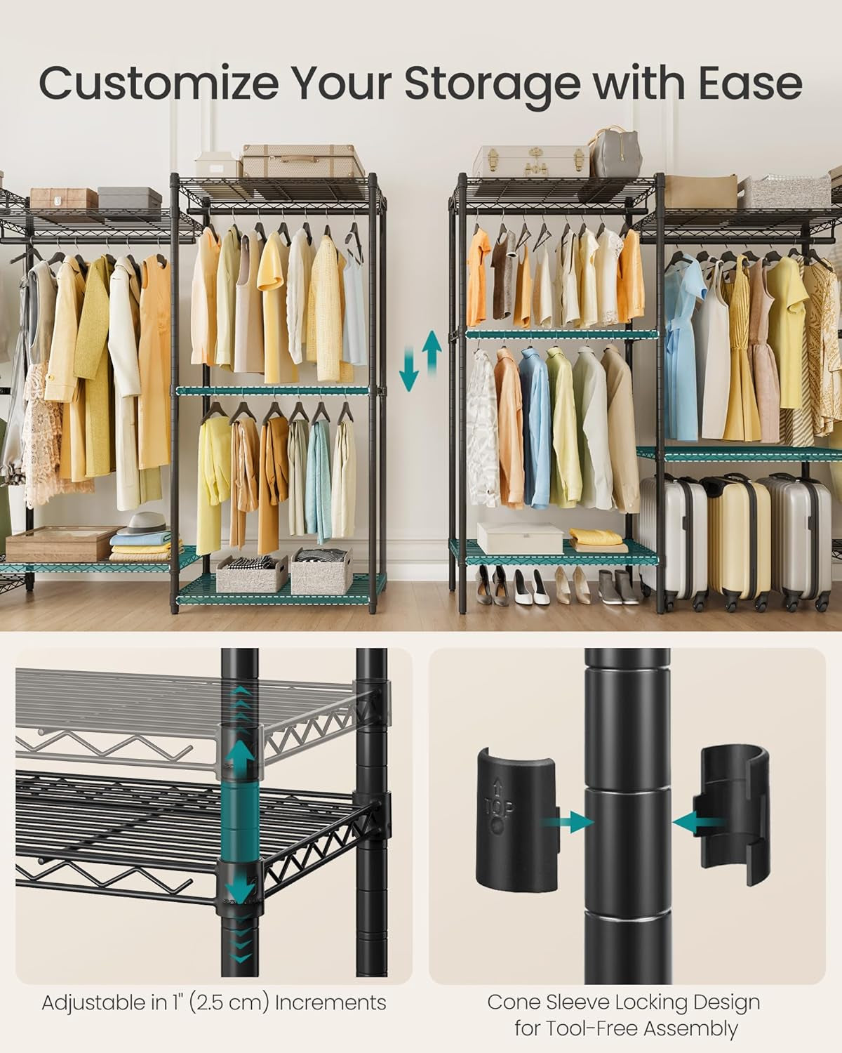 Heavy-Duty Clothes Rack, Garment Rack, Portable Closet, 68.7-Inch Wide Clothing Rack with Adjustable Mesh Shelves and Hanging Rails, Ink Black ULGR433B01