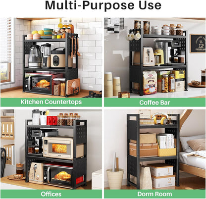 Microwave Stand, 3-Tier Expandable(17.4"- 27.4") Heavy Duty Adjustable Shelf Microwave Oven Rack, Kitchen Countertop Organizer and Storage with 9 Hooks & Cutting Board Holder, Holds up 180 Lbs, Black