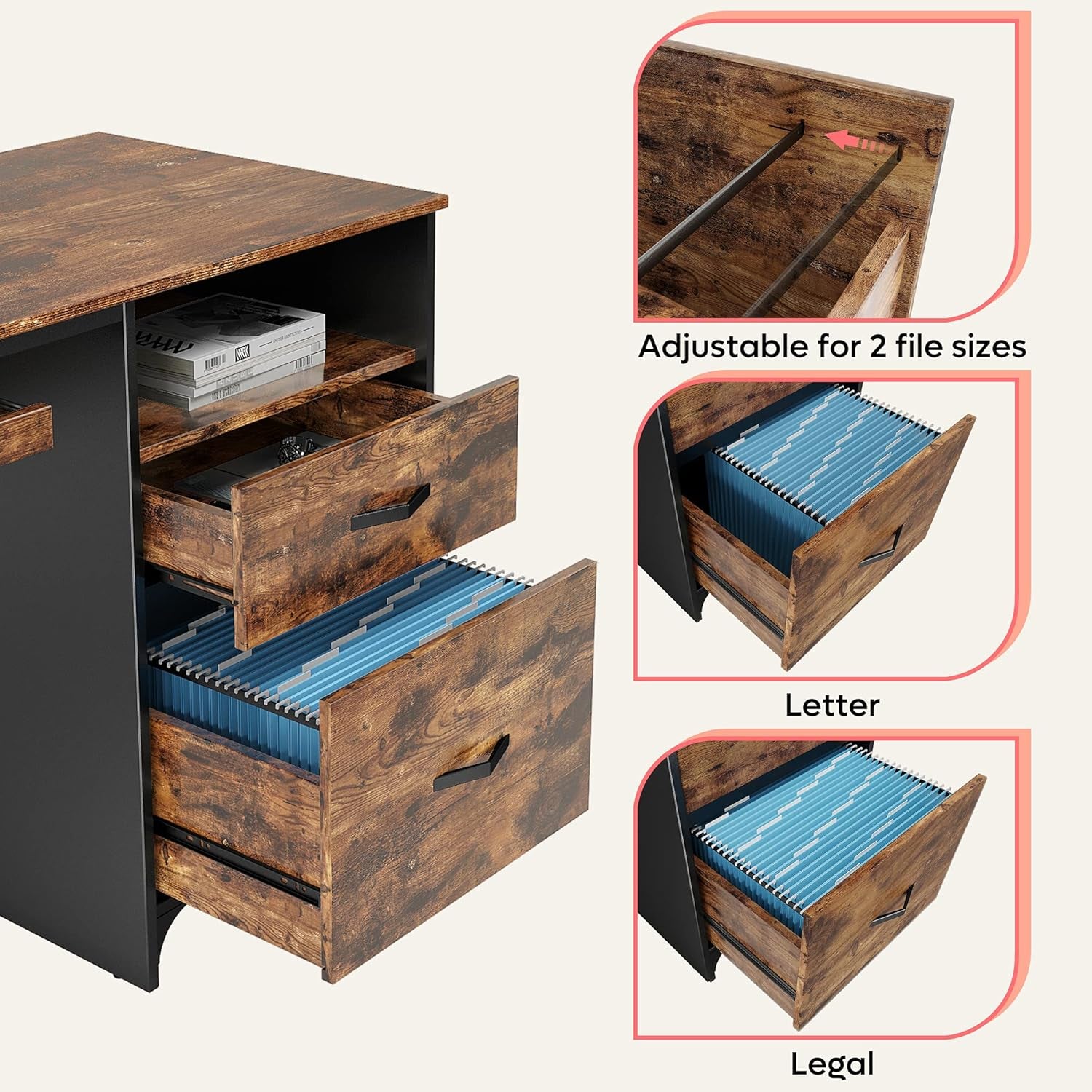 Office Desk with Drawers, 55 Inch Industrial Computer Desk with Storage, Wood Teacher Desk with Keyboard Tray & File Drawer for Home Office, Rustic Brown