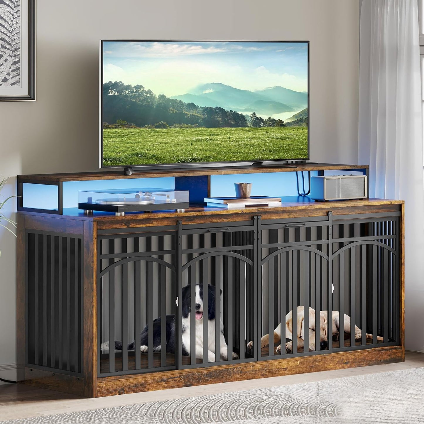 71" Double Dog Crate Furniture with LED Light & Power Outlets, Heavy Duty Dual Dog Kennel TV Stand W Storage Shelves Sliding Doors, Wooden Two Dog Cage Table 2 Medium Large Dogs, Rustic Brown