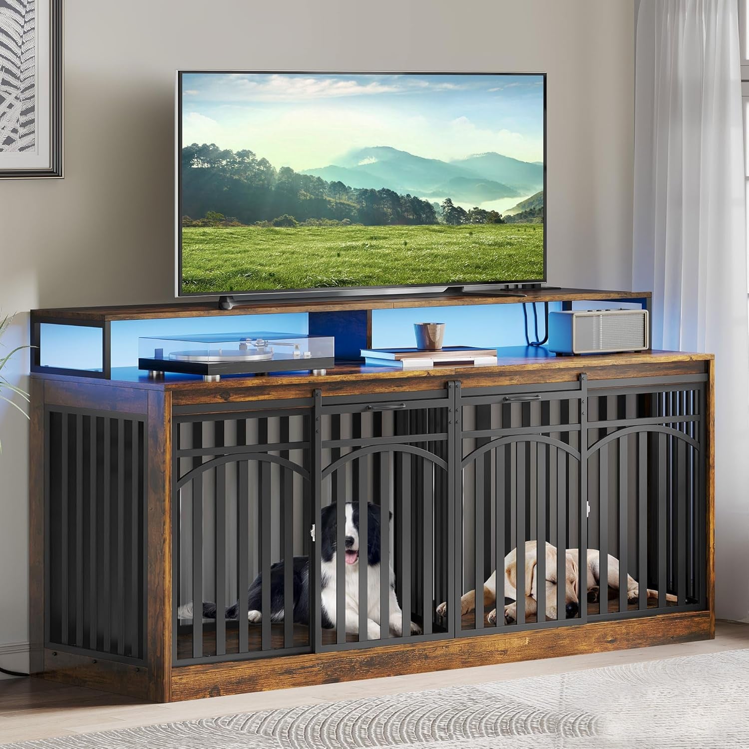 71" Double Dog Crate Furniture with LED Light & Power Outlets, Heavy Duty Dual Dog Kennel TV Stand W Storage Shelves Sliding Doors, Wooden Two Dog Cage Table 2 Medium Large Dogs, Rustic Brown
