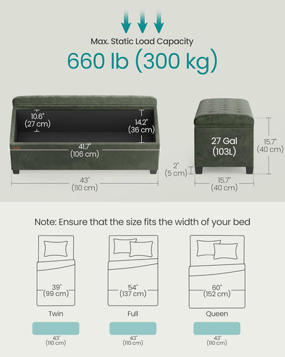 Velvet Storage Ottoman Bench, Foot Rest with Legs, 15.7 X 43 X 15.7 Inches, End of Bed Bench, Storage Chest, Load up to 660 Lb, for Living Room, Bedroom, Entryway, Forest Green ULSF089C01
