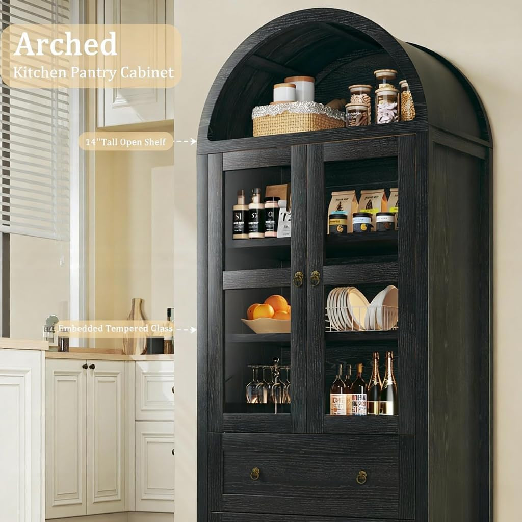 71" Tall Arched Kitchen Pantry, Arched Cabinet, Kitchen Storage Cabinets with 2 Large Drawers & Adjustable Shelves & Glass Door for Living Room, Dining Room, Black
