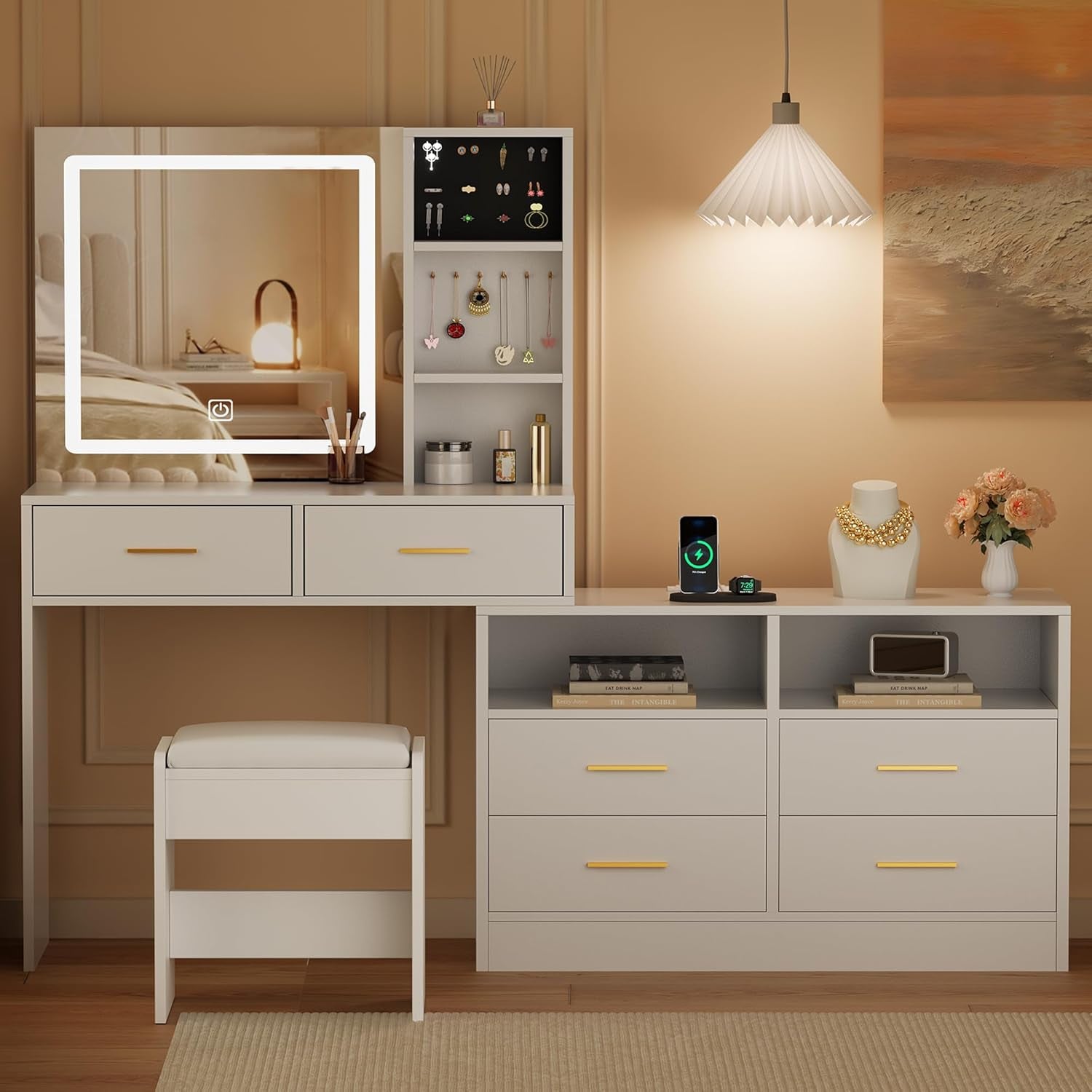 White Vanity Desk with Mirror and Lights,Makeup Vanity L Shape Change Makeup Desk with 6 Drawers Stool Power Outlet Jewelry Storage,Dressing Table with Dresser for Bedroom Girls Women FST26W