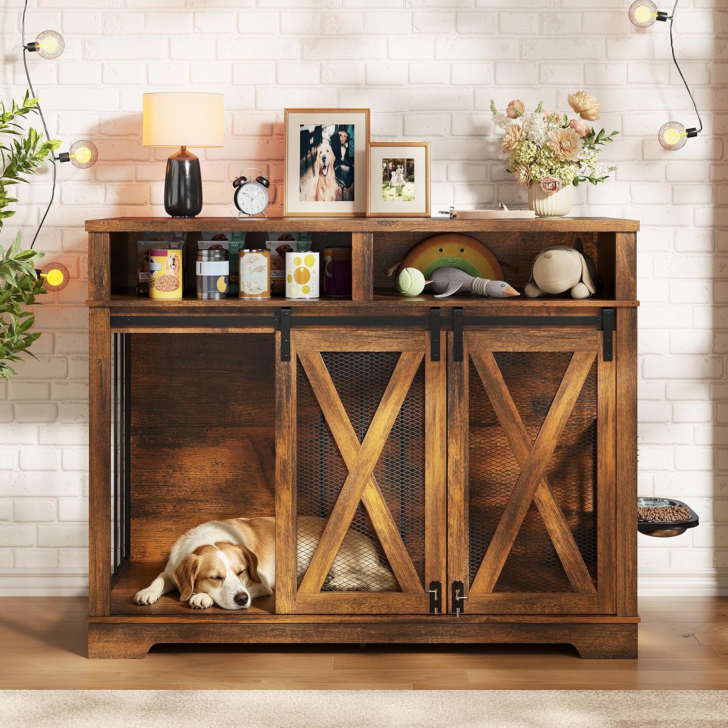 47" Large Dog Crate, Wooden Dog Kennel Furniture with Storage & Adjustable Bowl & Sliding Barn Door, Heavy Duty Dog Crates for Large Dogs, Indoor Decorative Dog Cage, Brown