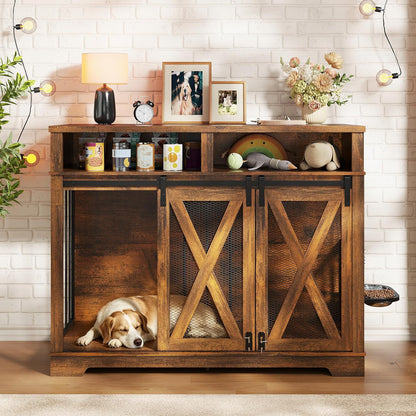 47" Large Dog Crate, Wooden Dog Kennel Furniture with Storage & Adjustable Bowl & Sliding Barn Door, Heavy Duty Dog Crates for Large Dogs, Indoor Decorative Dog Cage, Brown