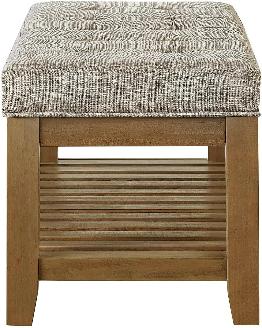 Large Rectangular Upholstered Tufted Linen Fabric Ottoman Bench, Padded Bench with Solid Wood Shelf-Linen