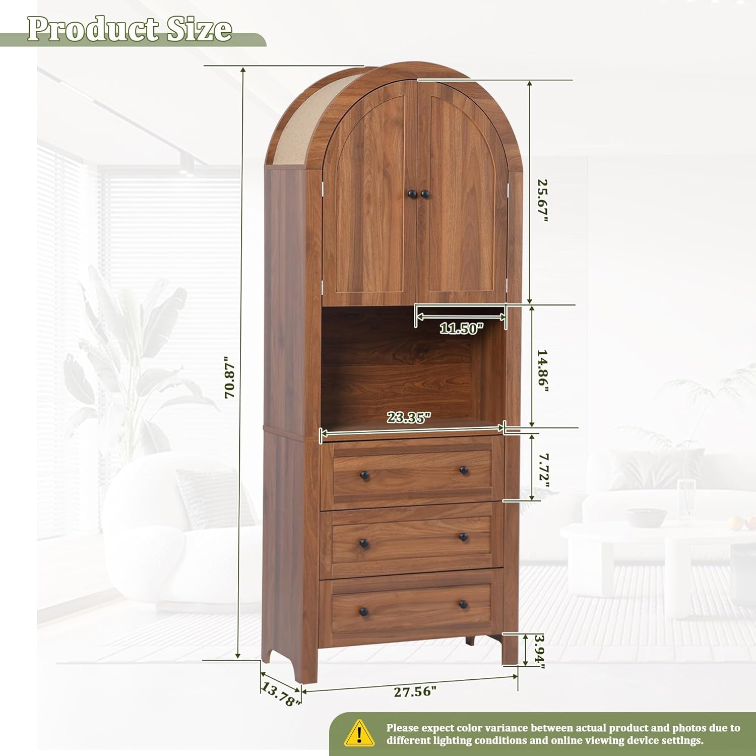 71" Tall Arched Kitchen Pantry Cabinet with Microwave Shelf,Modern Farmhouse Hutch Cabinet with Drawers & Door,Arched Storage Sideboard Cabinets (Walnut, 13.78" D X 27.56" W X 70.87" H)