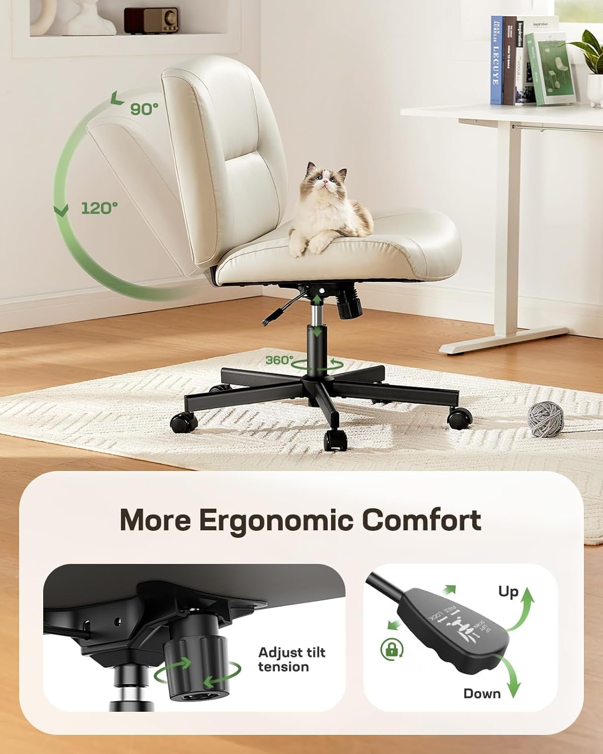 Criss Cross Chair with Wheels, Wide Mid-Back Comfy Armless Office Chair, Scratch-Resistant PVC Leather Cross Legged Desk Chair, Height Adjustable Vanity Computer Desk for Home Office