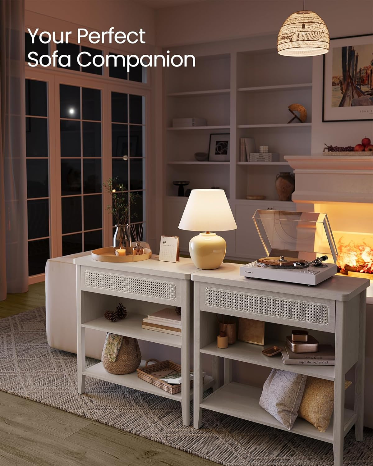 Console Table with Power Outlets, Entryway Table with Storage Shelf, Sofa Table with Drawer, Open Compartment, Rounded Corners, for Living Room, Boho Style, Oatmeal Beige ULNT140K66