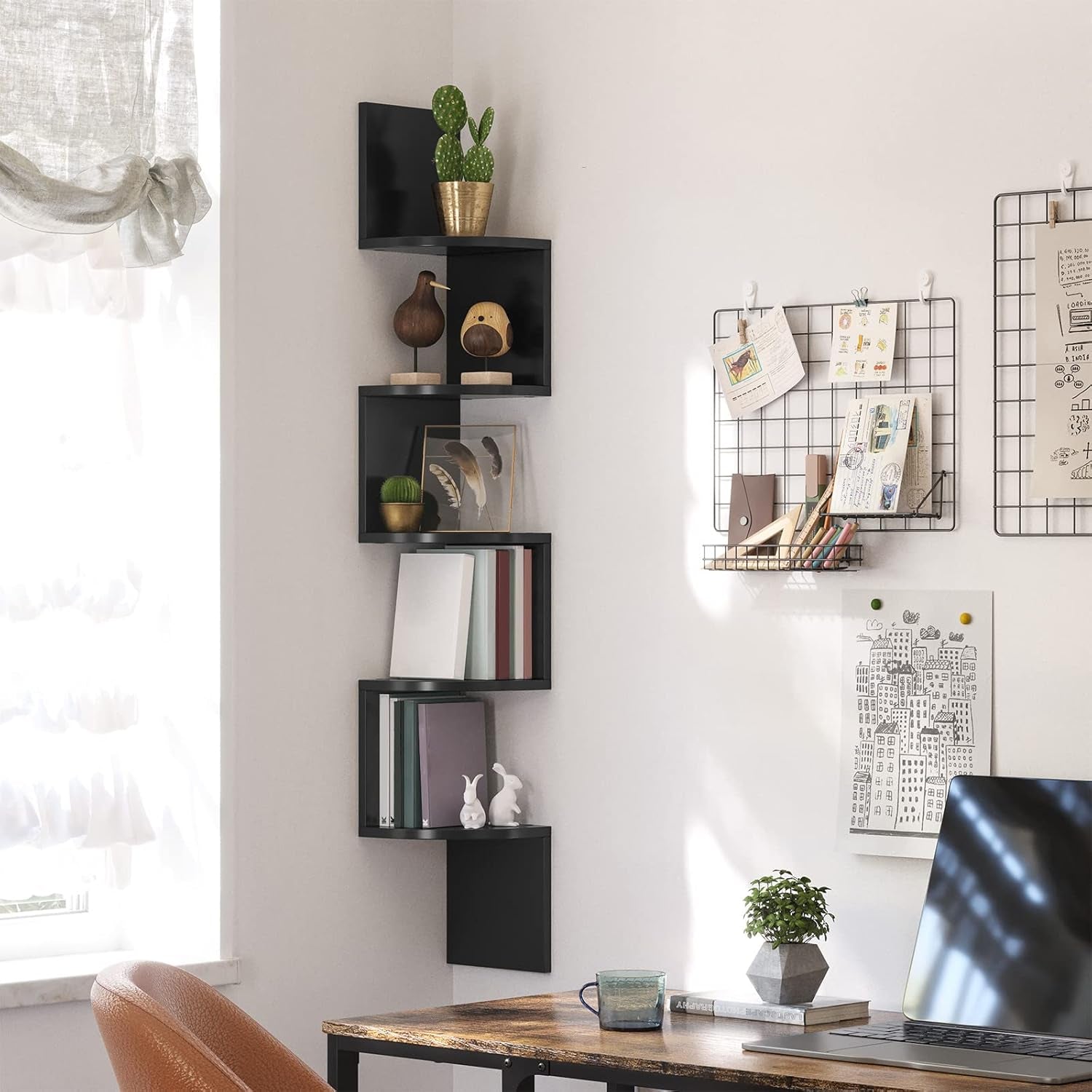 Corner Shelf Wall Mount, 5-Tier Floating Corner Bookshelf, Plant Shelf for Bedroom, Living Room, Bathroom, Home Office, Dove Gray